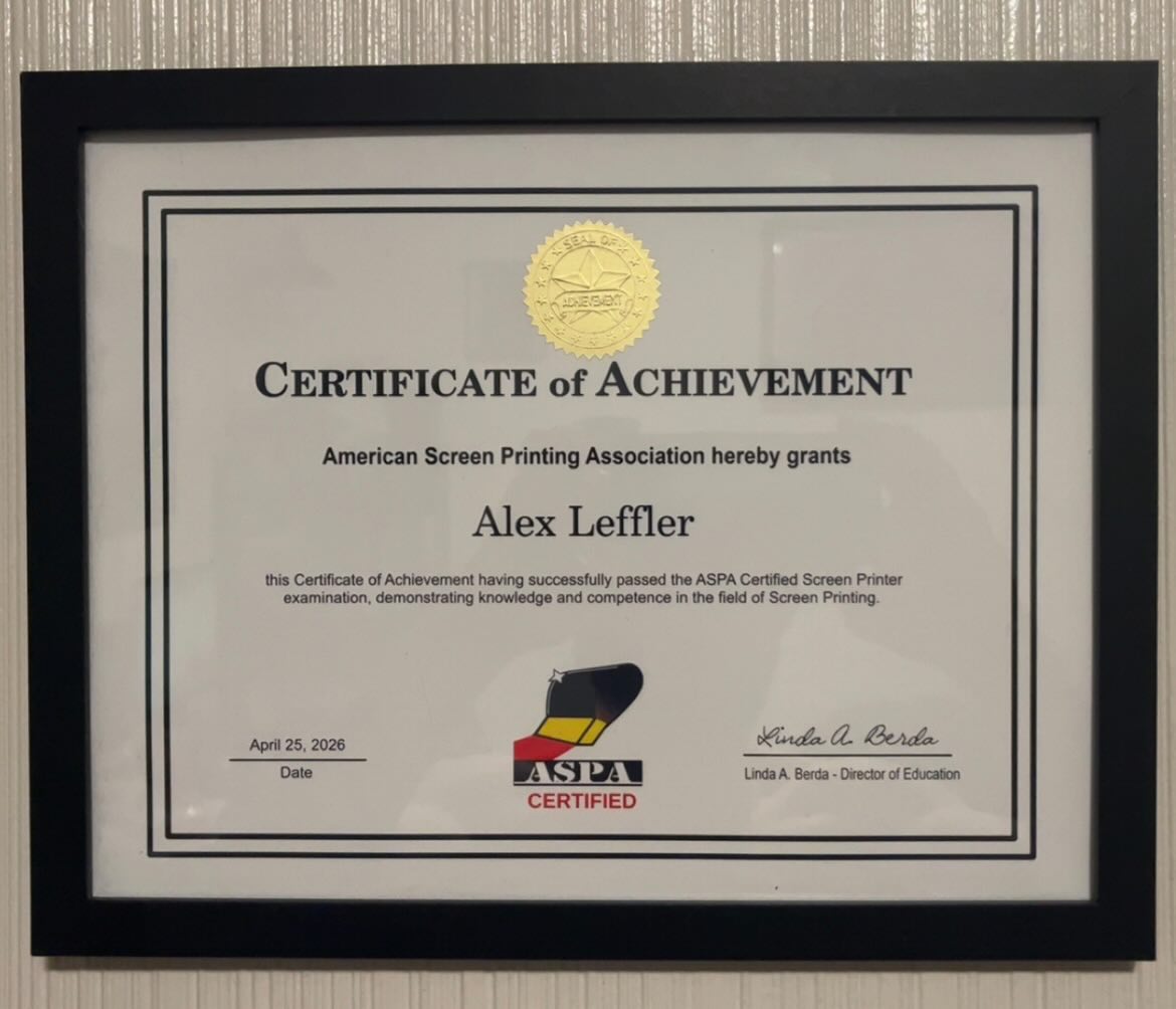 American Screen Printing Association certificate awarded to Alex Leffler