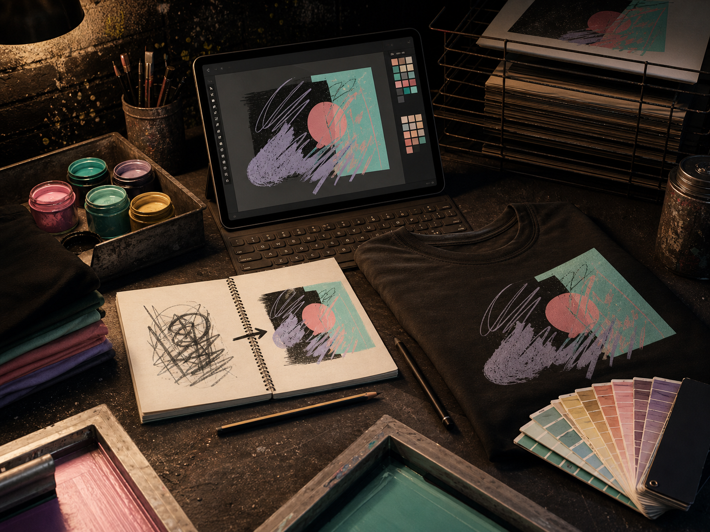Apparel design desk with artwork, color swatches, and a printed shirt